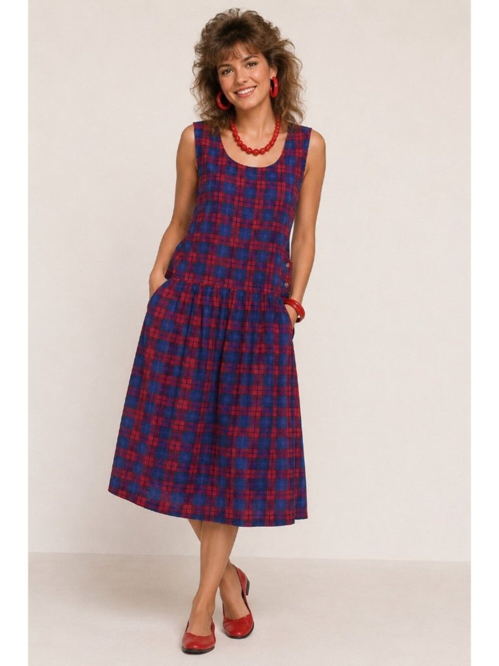 Vintage 80s FADS Dress Size Large Plaid Cottage Country School Teach Blue Red S